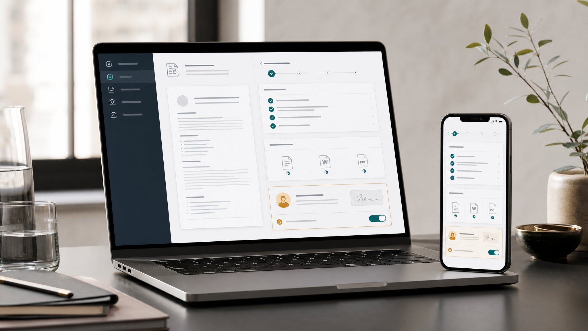 Hero-Visual mit anonymisiertem CV-Review, Freigabe-Checkliste und Dokumentexport für topjobpilot.com