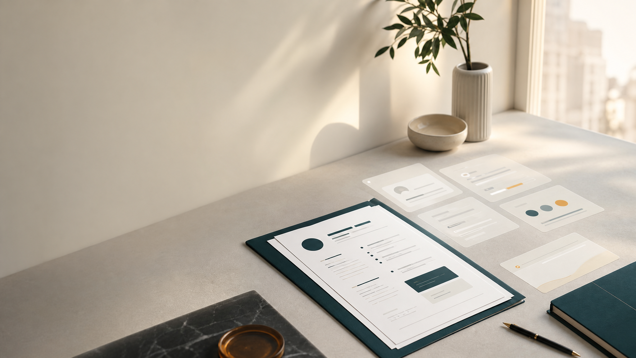 Ruhige Arbeitsplatzszene mit CV-Dokument und abstrakten Interface-Karten für topjobpilot.com
